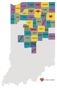 A map of Indiana highlighting counties with office locations marked by red hearts. Various counties are labeled in different colors.